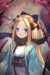  abigail_williams_(fate) black_bow black_scarf blonde_hair blue_eyes bow closed_mouth commentary cosplay fate/grand_order fate_(series) female hairbow haori highres japanese_clothes kimono koha-ace long_hair looking_at_viewer miya_(miyaruta) obi okita_souji_(fate) okita_souji_(koha-ace) okita_souji_(koha-ace)_(cosplay) open_clothes orange_bow parted_bangs petals ponytail sash scarf shinsengumi smile solo very_long_hair white_kimono 