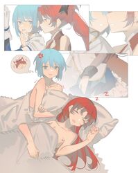  2girls absurdres after_sex anger_vein bare_arms bite_mark blue_eyes blue_hair chinese_commentary closed_eyes closed_mouth collarbone commentary_request finger_in_another&#039;s_mouth gloves highres hug hug_from_behind long_hair mahou_shoujo_madoka_magica mahou_shoujo_madoka_magica_(anime) miki_sayaka multiple_girls notice_lines nude open_mouth parted_lips pillow ponytail red_eyes red_hair rin_lingsong sakura_kyoko short_hair sleeping smile spoken_character under_covers white_gloves yuri zzz 