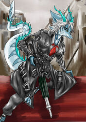  absurd_res anthro aquamarinecd belt blue_body clothing fish fur gun hi_res horn male marine necktie ranged_weapon scalie shark shark_tail solo uniform weapon white_body white_fur 