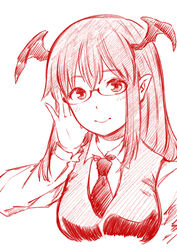  adjusting_eyewear bad_id bad_pixiv_id bespectacled blush breasts closed_mouth cropped_torso female glasses hand_up head_wings highres koakuma light_smile long_hair long_sleeves looking_at_viewer medium_breasts monochrome necktie pointy_ears semi-rimless_eyewear sen_(daydream_53) sidelocks simple_background solo touhou upper_body vest white_background wing_collar wings 