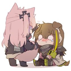  2girls animal_ears blush brown_hair cat_ears cat_tail chibi commentary dog_ears dog_tail empty_eyes english_commentary fingerless_gloves girls&#039;_frontline gloves green_hair headphones jacket long_hair m4a1_(girls&#039;_frontline) multicolored_hair multiple_girls o_o pink_hair simple_background sitting st_ar-15_(girls&#039;_frontline) streaked_hair tail tearing_up two-tone_hair white_background yuutama2804 