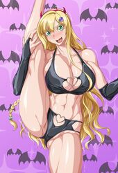  bat_background bikini black_bikini blonde_hair breasts female green_eyes hair_ornament heart highres horns large_breasts long_hair looking_at_viewer navel original ozaneko pink_background skull_hair_ornament smile solo swimsuit very_long_hair zoids 