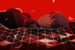  black_hair breasts female koyorin kyoka_eden large_breasts looking_at_viewer lying on_back red_background red_eyes scarlet_nexus short_hair solo 