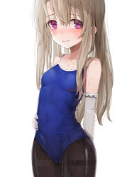  bare_shoulders black_pantyhose blue_one-piece_swimsuit blush breasts collarbone commentary_request competition_school_swimsuit elbow_gloves fate/kaleid_liner_prisma_illya fate_(series) female gloves highres illyasviel_von_einzbern long_hair looking_at_viewer one-piece_swimsuit pantyhose red_eyes school_swimsuit simple_background small_breasts smile solo sunga2usagi swimsuit wet wet_clothes wet_hair white_background white_gloves 