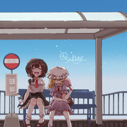  2girls absurdres arm_on_knee bag bench black_headwear black_skirt blonde_hair blue_sky bobby_socks bottle brown_footwear brown_hair bus_stop bus_stop_sign closed_eyes commentary_request day dress hair_between_eyes hair_ribbon hand_fan handbag hat highres holding holding_bottle holding_fan knees_together_feet_apart looking_to_the_side maribel_hearn mary_janes medium_hair mob_cap multiple_girls necktie open_mouth outdoors paper_fan petticoat purple_dress red_necktie ribbon salt_(seasoning) shirt shoes short_hair short_sleeves single_sidelock sitting skirt sky socks sweat touhou tress_ribbon twitter_username uchiwa usami_renko water_bottle white_headwear white_legwear white_shirt yellow_eyes 