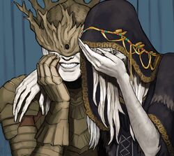  2boys armor black_robe brothers covered_eyes dark_souls_(series) dark_souls_iii emlan fingernails gauntlets grin hand_on_own_face helmet hood hood_up laughing laughing_girls_(meme) long_fingernails long_hair lorian_(elder_prince) lothric_(younger_prince) male_focus meme multiple_boys pale_skin robe siblings smile upper_body white_hair 