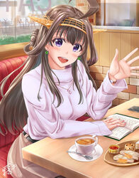  :d absurdres ahoge alternate_costume ayakase_hotaru belt black_belt blush book booth_seating brown_hair brown_skirt cafe commentary_request cup double_bun earrings female food hair_bun hairband headgear heart heart_necklace highres indoors jewelry kantai_collection kongou_(kancolle) kongou_kai_ni_(kancolle) long_hair long_sleeves looking_at_viewer nail_polish necklace open_book open_mouth pink_sweater purple_eyes purple_shirt red_nails ring scone shirt signature sitting skirt smile solo spoon sweater table tea teacup watch waving wristwatch 