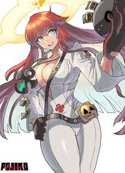  :d ankh belt bodysuit breasts chikoinochi commentary_request female gloves green_eyes guilty_gear guilty_gear_strive halo hand_on_own_hip highres holding holding_mask jack-o&#039;_valentine jewelry large_breasts long_hair looking_at_viewer mask multicolored_hair pendant red_hair smile solo spiked_halo two-tone_hair white_background white_bodysuit white_hair 