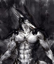  abs anthro athletic biceps black_body black_fur black_hair blue_eyes discordnight fur hair jewelry looking_at_viewer male mammal muscular muscular_anthro necklace pecs racoonwolf sergal solo tongue 