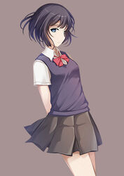  black_hair blue_eyes bow breasts commentary english_commentary female kunknee kuzu_no_honkai looking_at_viewer medium_breasts school_uniform short_hair skirt solo sweater_vest yasuraoka_hanabi 