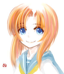  blue_eyes female higurashi_no_naku_koro_ni itsukage orange_hair ryuuguu_rena school_uniform serafuku short_hair smile solo 