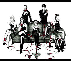  4boys 4girls absurdres bad_id bad_pixiv_id balance_scale couch dress flower formal ginoza_nobuchika glasses highres hinakawa_shou karanomori_shion kunizuka_yayoi letterboxed long_hair monochrome multiple_boys multiple_girls psycho-pass rera_(12169432) ribbon saiga_jouji scarf shimotsuki_mika short_hair spot_color suit tougane_sakuya tsunemori_akane weighing_scale 