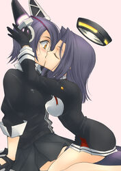  2girls blush breast_press breasts closed_eyes commentary_request gloves halo head_hold headgear kantai_collection kissing md5_mismatch mechanical_halo multiple_girls purple_hair school_uniform short_hair sousui_hani sweatdrop symmetrical_docking tatsuta_(kancolle) tenryuu_(kancolle) thighhighs yellow_eyes yuri 