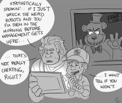  2014 animatronic anthro crossover dialogue disney english_text five_nights_at_freddy&#039;s fix-it_felix freddy_(fnaf) group human low_res machine male mammal monochrome necktie open_mouth ralph_(wreck-it_ralph) robot scottgames smile speech_bubble teeth text watermark wreck-it_ralph 