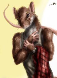  beady_eyes black_eyes brown_body brown_fur claws clock clothing conditional_dnp ear_piercing eyebrow_piercing facial_piercing fur half-length_portrait long_tail male mammal murid murine piercing politics portrait rat rodent shirt simple_background solo tail tank_top topwear watch whimsicalsquirrel 