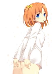  ass blue_eyes bow breasts commentary_request covered_nipples covering_ass covering_privates female flat_ass hair_ribbon kosaka_honoka looking_at_viewer love_live! love_live!_school_idol_project naked_shirt natsuki_shuri one_side_up open_mouth orange_hair ribbon shirt short_hair small_breasts solo yellow_bow 