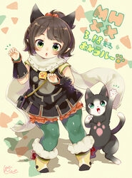  :o absurdres animal_ears animal_hands aqua_eyes arm_warmers bag bell bloomers blush boots brown_hair cat_ears cat_tail commentary_request fake_animal_ears fangs felyne female fur-trimmed_boots fur_trim green_eyes green_legwear hair_bobbles hair_ornament highres looking_at_viewer milsee miyano_ururu monster_hunter_(series) monster_hunter_xx pantyhose pantyhose_under_shorts paw_pose paw_print petite pointy_ears ponytail scarf short_hair short_sleeves shorts signature tail translation_request underwear 