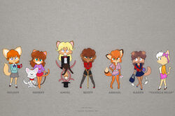  80&#039;s_theme abigail_(aikon) aikon angel_(aikon) betty_(aikon) bottomwear canid canine canis clothing domestic_cat domestic_dog english_text felid feline felis female fox karen_(aikon) legwear mammal melody_(aikon) sherry_(aikon) skirt stockings tentacle text 