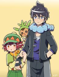  1boy alain_(pokemon) blue_eyes brown_eyes chespin female hat height_difference long_hair mairin_(pokemon) moyori pokemon pokemon_(anime) pokemon_(creature) pokemon_xy_(anime) purple_hair red_hair short_hair 