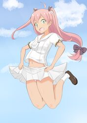  ahoge blue_sky character_request cloud commentary_request day fangs female flat_chest jumping long_hair low-tied_long_hair mai_ball! navel nitou_inko open_mouth panties pantyshot pink_hair pleated_skirt school_uniform serafuku skirt sky socks solo striped_clothes striped_panties two_side_up underwear 