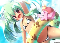  absurdres animal_ears arm_up armpits bikini cat_ears earrings elephant female flat_chest green_hair highres innertube jewelry koihime_musou kuwada_yuuki long_hair moukaku navel oerba_yun_fang open_mouth red_eyes smile solo swim_ring swimsuit tail twintails waving 