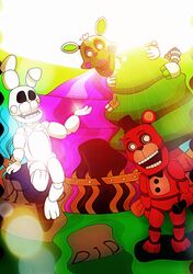  2017 absurd_res animatronic anthro bear canid canine creepy empty_eyes eyebrows eyelashes female five_nights_at_freddy&#039;s five_nights_at_freddy&#039;s_world fox group hi_res lagomorph lipstick looking_at_viewer machine makeup male mammal outside redbear_(fnaf) ribbons robot scottgames sharp_teeth shu_20625 tangle_(fnaf) teeth tombstone what white_rabbit_(fnaf) 