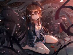  barefoot black_gloves black_hat black_jacket blurry blurry_foreground blush brown_eyes brown_hair commentary_request criss-cross_halter depth_of_field dress female fingerless_gloves girls&#039;_frontline gloves hair_between_eyes half-closed_eye halterneck hands_on_lap hat heterochromia jacket korean_commentary long_hair looking_at_viewer m1014_(girls&#039;_frontline) open_clothes open_jacket open_mouth own_hands_together puddle red_eyes seero shield shield_module short_dress shotgun_shell sitting solo tilted_headwear uneven_eyes very_long_hair wariza water white_dress 