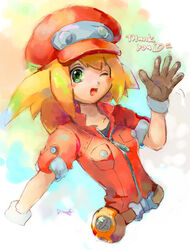  blonde_hair breasts cabbie_hat commentary_request dinef female green_eyes hat jacket long_hair looking_at_viewer mega_man_(series) mega_man_legends_(series) mega_man_legends_3 photoshop_(medium) red_jacket roll_caskett_(mega_man) smile solo 