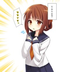  brown_eyes brown_hair commentary_request female half_updo inazuma_(kancolle) kantai_collection looking_at_viewer math natsuki_shuri open_mouth solo sweatdrop translated 