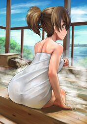  abazu-red arm_support ass back bare_shoulders bath black_ribbon blue_sky brown_eyes brown_hair closed_mouth cloud cloudy_sky commentary_request day female from_behind girls_und_panzer hair_ribbon indoors koyama_yuzu leaning_forward looking_at_viewer looking_back naked_towel ocean ofuro ribbon short_hair short_ponytail sitting sky smile soaking_feet solo steam towel window 