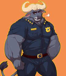  anthro belt biceps big_muscles bottomwear bovid bovine buffalo_(disambiguation) cape_buffalo chief_bogo clothed clothing disney fully_clothed fur grey_body grey_fur hi_res horn istani male mammal muscular orange_background outline pants pecs police police_uniform shirt simple_background solo standing topwear uniform zootopia 