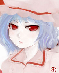  female hat itsukage light_purple_hair open_mouth parted_lips portrait red_eyes remilia_scarlet solo touhou 