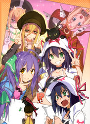  !? +_+ 1boy 5girls :o absurdres ahoge akiyanagi_miyuki angry animal animal_ears animal_on_head artist_request bell blonde_hair blue_eyes brown_eyes cape cat_ears cat_on_head clione collar double_v facial_mark feline frown green_eyes grin hair_ribbon hat hat_ribbon highres john_doe_(yumekui_merry) long_hair mask merry_nightmare multiple_girls musical_note neck_bell oerba_yun_fang on_head photo_(object) ponytail purple_hair ribbon scrunchie short_hair smile source_request sparkle spica_(yumekui_merry) sweat symbol-shaped_pupils tachibana_isana trembling twintails v v-shaped_eyebrows yellow_eyes yumekui_merry 