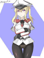  ass_visible_through_thighs black_gloves black_pantyhose black_ribbon blonde_hair blue_background breast_lift breasts capelet commentary_request female gloves graf_zeppelin_(kancolle) hat kantai_collection looking_at_viewer no_pants panties panties_under_pantyhose pantyhose peaked_cap purple_eyes ribbon sangue_llia sidelocks simple_background solo thigh_gap thighs twintails underwear 