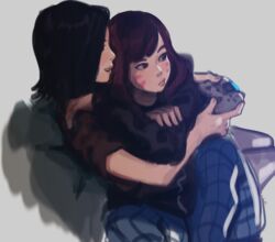  2girls anisa_sherzai black_hair brown_hair commentary controller couch couple d.mon_(overwatch) d.va_(overwatch) facepaint facial_mark game_controller grey_background hood hooded_jacket hug jacket lips multiple_girls overwatch overwatch_1 pajamas sitting sitting_on_lap sitting_on_person symbol-only_commentary whisker_markings yuri 