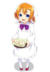  :d aged_down apron bandana blue_eyes commentary_request female food kappougi kosaka_honoka love_live! love_live!_school_idol_project natsuki_shuri open_mouth orange_hair ribbon short_hair smile solo toothpick wagashi 