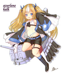  azur_lane belt blonde_hair boots cannon character_name commentary_request copyright_name detached_sleeves female full_body highres kalk_(azur_lane) long_sleeves looking_at_viewer navel open_mouth see-through shorts simple_background solo torpedo_tubes twintails white_background yuruneko 