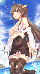  bad_id bad_pixiv_id black_footwear boots breasts brown_hair cleavage covered_nipples double_bun female hair_bun hairband headgear high_heel_boots high_heels japanese_clothes kantai_collection kongou_(kancolle) large_breasts long_hair miniskirt nontraditional_miko photoshop_(medium) skirt solo thigh_boots thighhighs torn_clothes yizhirenben zettai_ryouiki 