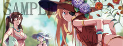  3girls alternate_hairstyle armlet ayanami_rei bad_id bad_pixiv_id ball beachball bikini blue_eyes blue_hair bracelet breasts brown_hair cleavage expressionless eyepatch flower glasses hairband hat hat_flower hood hoodie hydrangea jewelry looking_back makinami_mari_illustrious medium_breasts meer_rowe multiple_girls necklace neon_genesis_evangelion orange_hair photoshop_(medium) rebuild_of_evangelion red_eyes sample_watermark see-through short_twintails sleeveless sleeveless_hoodie smile souryuu_asuka_langley sun_hat swimsuit twintails watermark 