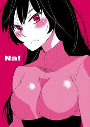  bad_id bad_pixiv_id black_hair blush breasts closed_mouth female frown hair_between_eyes large_breasts long_hair long_sleeves looking_at_viewer matsumoto_waka pink_background pink_eyes pink_shirt pink_theme pokemon pokemon_frlg sabrina_(pokemon) shiny_clothes shirt simple_background solo taut_clothes taut_shirt tsurime turtleneck upper_body 