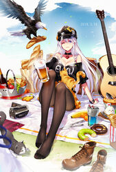  absurdres alcohol alternate_costume arm_support azur_lane baguette bald_eagle banana bare_shoulders beer beer_mug bird black_hat black_pantyhose blanket blue_sky blush boots bottle bra bread breasts brown_footwear butter_knife case chinese_commentary choker cleavage clothes_pull clothes_writing cloud commentary_request cross-laced_footwear cup curry dated day doughnut eagle enterprise_(azur_lane) falling_leaves feet feline female food fruit full_body grass grim_(azur_lane) guitar hat heart heart_choker highres holding holding_cup instrument jewelry lace-up_boots large_breasts leaf light_rays long_hair looking_at_viewer luode_huayuan miniskirt mug no_shoes off_shoulder one_eye_closed orange_(fruit) outdoors pantyhose partial_commentary peaked_cap pendant petals picnic_basket pie plate purple_eyes shirt shirt_pull shoes sidelocks sitting skirt sky smile solo stargazy_pie thighband_pantyhose underwear unworn_boots unworn_shoes very_long_hair video_camera white_bra white_hair wind wristband 