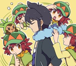  1boy alain_(pokemon) brown_eyes chespin female hat long_hair mairin_(pokemon) moyori pokemon pokemon_(anime) pokemon_(creature) pokemon_xy_(anime) purple_hair red_hair short_hair 