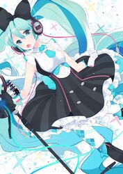  argyle argyle_legwear black_bow black_footwear blue_eyes blue_hair blush boots bow buttons collar_(clothes) diamond_(shape) double_buttons dress dutch_angle exposed_shoulders female female frilled_dress frills gloves green_eyes green_hair hair_ornament hairbow hatsune_miku headphones highres holding_object light_background long_hair looking_at_viewer microphone microphone_stand necktie number oluha open_mouth ribbon shoes sleeveless sleeveless_dress smile solo sparkle standing surprised text tied_hair twintails vocaloid white_gloves white_handwear white_legwear 