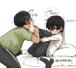  2boys bad_id bad_pixiv_id bags_under_eyes bandage_on_face bandages black_eyes black_hair black_legwear blush commentary_request doppel_(bonnypir) faceless faceless_male feet foot_on_another&#039;s_face foot_worship full_body highres korean_commentary korean_text lee_hoon looking_away looking_to_the_side male_focus multiple_boys smelling smelling_feet socks suicide_boy sweatdrop unworn_socks yaoi 