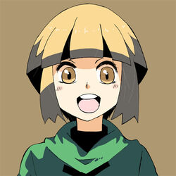  :d bad_id bad_pixiv_id blunt_bangs blush bowl_cut brown_background brown_eyes capelet eyelashes female gardenia_(pokemon) light_brown_hair looking_at_viewer lowres matsumoto_waka multicolored_hair open_mouth photoshop_(medium) pokemon pokemon_dppt short_hair sidelocks simple_background smile solo tareme teeth tongue turtleneck two-tone_hair upper_body 