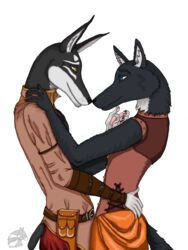  alternative_fashion anthro bottomwear canid canine canis clothing corset costume dobermann domestic_dog duo female hi_res hug humanoid_pointy_ears leather lingerie love male mammal orka ortaon pinscher simple_background skirt steampunk topwear white_background wolf yenza 