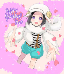  1boy akariko animal_costume birthday blush character_name commentary_request english_text happy_birthday hat heart idolmaster idolmaster_side-m male_focus okamura_nao outstretched_arms sheep_costume sheep_hat shirt shorts smile solo striped_clothes striped_shirt suspender_shorts suspenders 