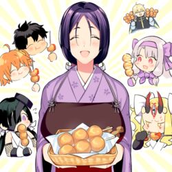  2boys 5girls 7dango7 ahoge ainu_clothes apron armor black_gloves black_hair blonde_hair blush bow breasts cape chibi chibi_inset closed_eyes commentary_request dango eating eyepatch facial_mark fate/extra fate/grand_order fate_(series) fishnets floral_print food forehead_mark fujimaru_ritsuka_(female) fujimaru_ritsuka_(male) gawain_(fate) gloves hair_ornament hair_scrunchie hairband hairbow horns ibaraki_douji_(fate) ibaraki_douji_(swimsuit_lancer)_(fate) ibaraki_douji_(swimsuit_lancer)_(third_ascension)_(fate) illyasviel_von_einzbern japanese_clothes kimono large_breasts long_hair minamoto_no_raikou_(fate) mitarashi_dango mochizuki_chiyome_(fate) multiple_boys multiple_girls one_side_up oni oni_horns open_mouth orange_hair parted_bangs purple_bow purple_eyes purple_hair purple_kimono purple_scarf red_eyes scarf scrunchie short_hair sidelocks sitonai_(fate) skewer sleeveless sleeveless_kimono smile spiked_hair tattoo twintails very_long_hair wagashi white_bow white_kimono wide_sleeves yellow_eyes 