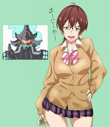  :d alexis_kerib alternate_costume bad_id bad_pixiv_id bow breasts brown_hair brown_sweater cardigan commentary_request company_connection contrapposto cosplay cowboy_shot diagonal_stripes female gridman_universe highres inada_tetsu large_breasts looking_at_viewer mature_female midori_(uchuu_patrol_luluco) midori_(uchuu_patrol_luluco)_(cosplay) miniskirt open_mouth over_justice parody plaid plaid_skirt pleated_skirt pretty-purin720 purple_skirt school_uniform shintani_mayumi short_hair skirt smile ssss.gridman striped striped_bow sweater takarada_orie trigger_(company) uchuu_patrol_luluco voice_actor_connection yellow_eyes 