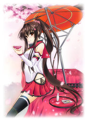  alcohol aoi_hiro brown_eyes brown_hair cherry_blossoms commentary_request cup dango female flower food hair_flower hair_ornament hanami japanese_clothes kantai_collection long_hair oil-paper_umbrella photoshop_(medium) ponytail sakazuki sake sanshoku_dango single_thighhigh sitting skewer skirt solo thighhighs tokkuri tray umbrella very_long_hair wagashi yamato_(kancolle) 